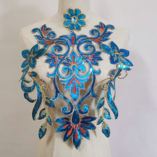 Sequined Flower Trims Big Size Iron on Appliqued Floral Patches 40X26 cm (Lake Blue)