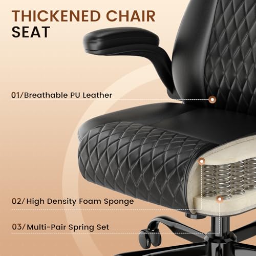 Image of GTPLAYER Leather Office Chair, Home Desk Chair with Flip-up Arms and Ergonomic Back - Comfy Heavy Duty Executive Chair for Home Office Gaming, Charcoal Black