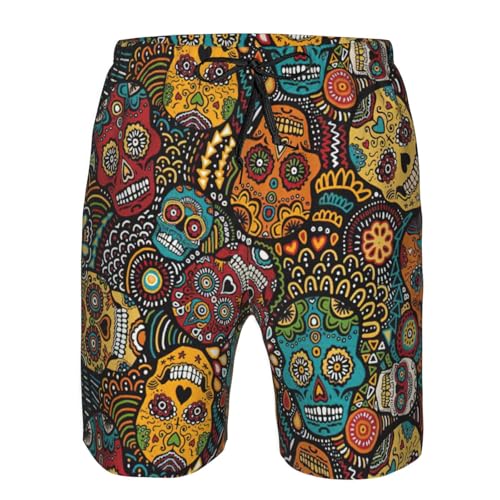 Sugar and Skulls Style Print Men's Swim Trunks | Quick Dry Drawstring Beach Shorts4