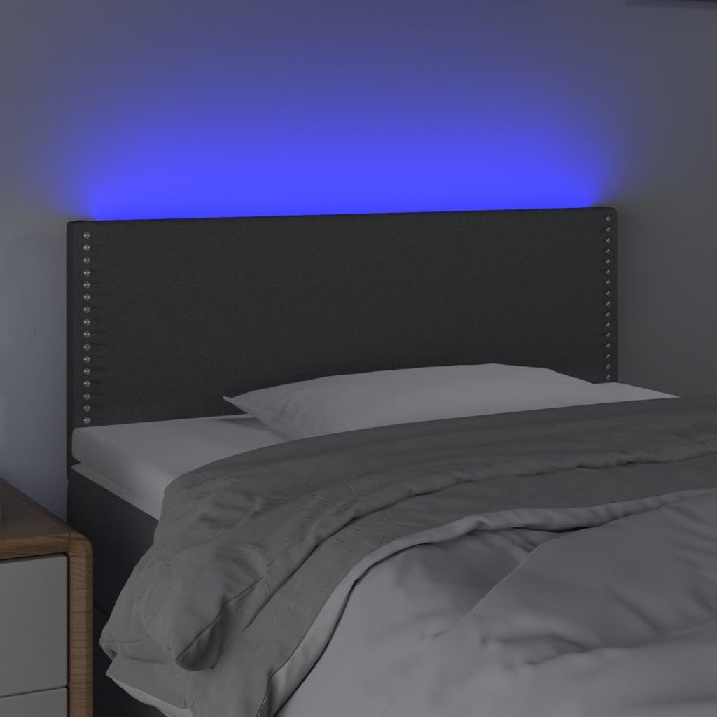 Testiera del letto a LED, grigio scuro, 90x5x78/88 cm, tessuto, con altezza regolabile e striscia LED per il taglio, fornisce supporto per la schiena durante la lettura.