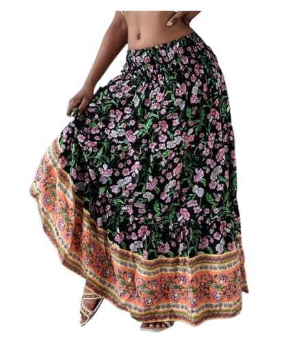 Jupe longue bohème anti-transpiring high waist smocked pour l'été chaud