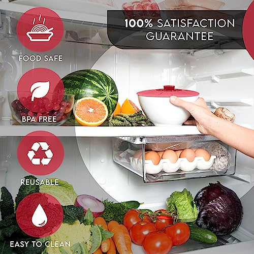 Silicone Bowl Lids Red, Set Of 5 Reusable Suction Seal Covers For Bowls, Pots, Cups. Food Safe Natural Grip, Interlocking Handles For Easy Use And Storage. #TOP2