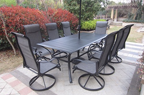 Pebble Lane Living All Weather Rust Proof Indoor/Outdoor 9 Piece Cast Aluminum Patio Dining Set, 1 Slat Top Dining Table & 8 Swivel Rocking Dining Chairs With Padded Headrest, Black #TOP2