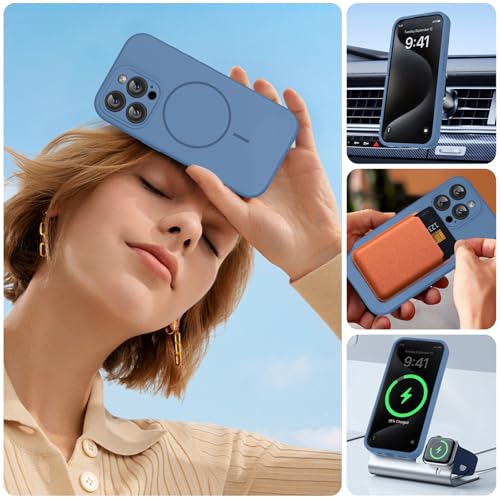 Image of Miracase Magnetic for iPhone 15 Pro Case, [Soft Anti-Scratch Microfiber Lining], Compatible with MagSafe, Liquid Silicone Shockproof Drop Protection Phone Case for 15 Pro, Glass Blue