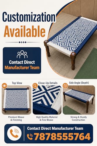 Image of Handwoven Wooden Bench | Traditional Rope Charpai Stool | Solid Wood Frame Seating for Living Room, Balcony & Outdoor | Durable & Stylish Design (Blue & White Finish)