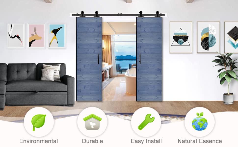 S&Z tophand® 28 in. x 84 Sea Blue Barn Door with 5FT Sliding Hardware Kit, 20 - 42in Stainless Steel Frame Style Door/Sliding Door/Simple Assembly is Required