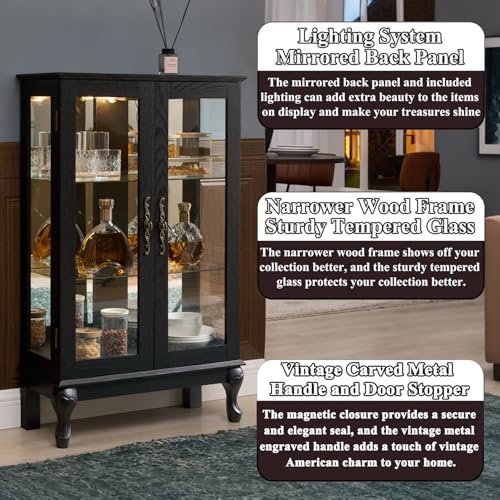 Image of 43 inch H Lighted Wooden Curio Cabinet, Freestanding Glass Display Case with Tempered Glass Door, Adjustable Shelves and Mirrored Back Panel, Decorative Storage Cabinet for Living Room (Black)
