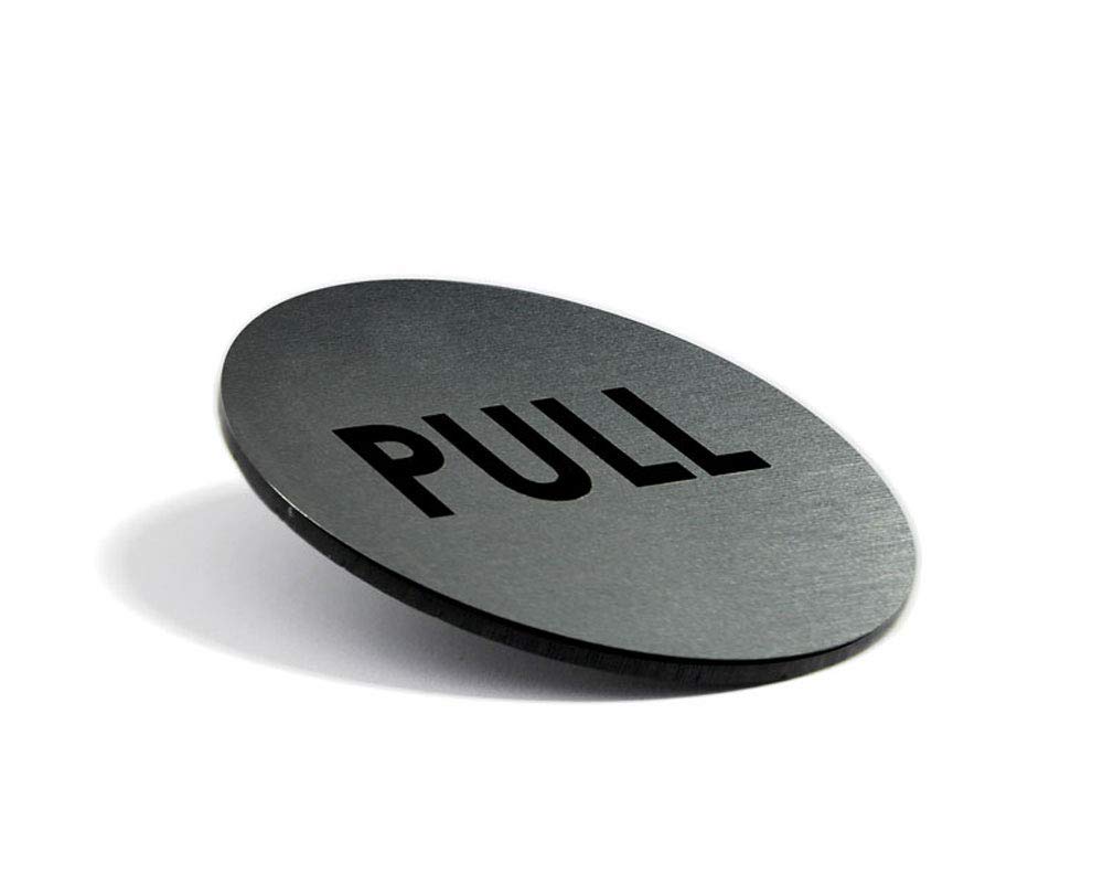 Brushed Silver Push Pull Door Signs | Set of 2 | 2" Round - Laser Engraved Acrylic | Indoor & Outdoor Signage | 3M Adhesive on Back of Sign | Ready to Hang