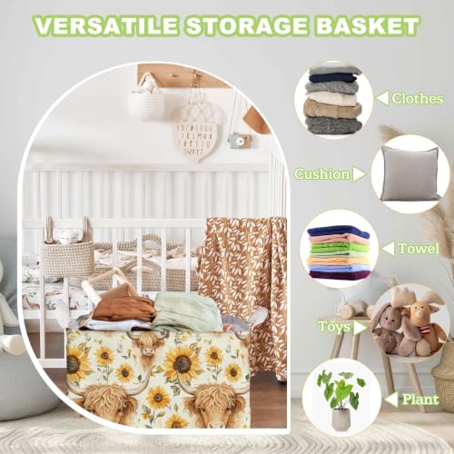 Image of Sunflower Highland Cow Storage Basket, Highland Cow Nursery Decor, Closet Shelf Organizer Baskets for Nursery Decor, Bathroom, Bedroom, Large Squarecanvas Laundry Hamper With Foldable
