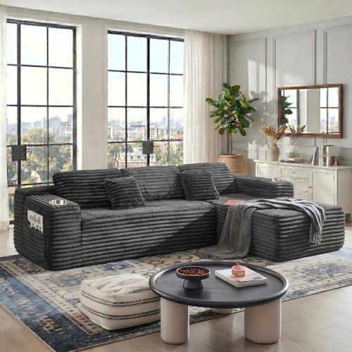 Image of 106 inch Cloud Sectional Couch with L Shape Chaise, Modern Frameless Modular Sofa with Cup Holders, Higher 17.7 inch Seat Height, 32D Pure Foam, No Assembly for Apartment (Dark Gray, Right Facing Chaise)