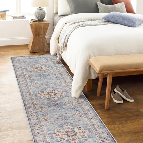 Washable Hallway Runner Rug 2x7: Non Slip Runner Rugs with Rubber Backing Soft Kitchen Rug Farmhouse Distressed Carpet Runner for Living Room Bedroom Bathroom (Blue, 2X7)