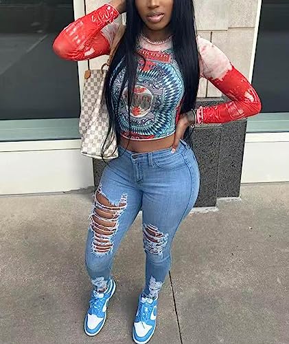 SOMTHRON Women's High Rise Distressed Slim Punk Denim Jeans High Waist Skinny Destroyed Ripped Pencil Jeans Pants2