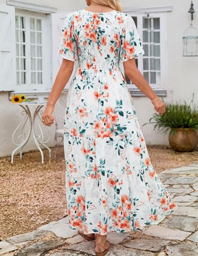 Image of ZESICA Women's 2026 Summer Boho Floral Maxi Dresses Casual Short Flutter Sleeve Smocked Tiered Flowy Dress