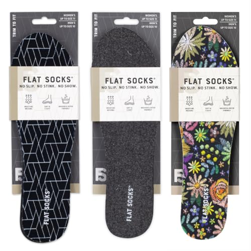 FLAT SOCKS 3 Pack Washable No Show Sockless Shoe Liners, Barefoot Show Inserts for Women and Men, Non Slip, Odor Control, Black, Dark Heather Grey, Floral Embroidery (Small)