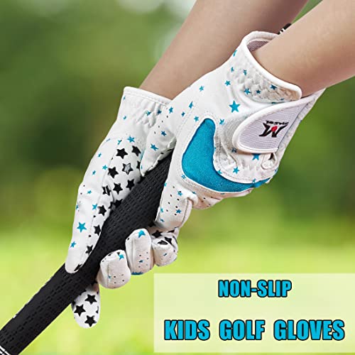 Mazel Kids Golf Gloves For Youth Toddler Boys Girls, Right & Left Hand (1 Pair) Mircofiber Breathable Junior Golf Gloves, White Red Pink Blue Black Stars Color,Age 3-8 (Black Stars-Blue, L(Age 7-8)) #TOP6