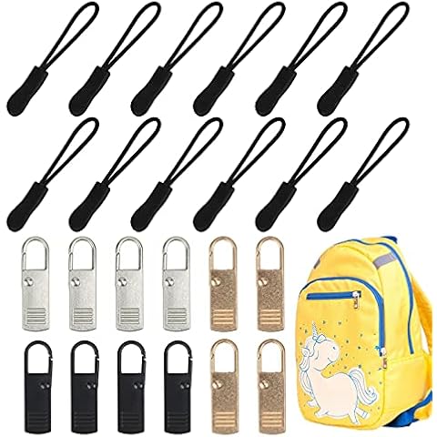 WEDNOK 24 Pieces Zipper Pull Replacement,12pcs Metal Zipper Puller 12pcs Plastic Zipper Cord Pulls for Luggage Backpacks Suitcases Coat Jacket Clothes Boots Purses Bags (Black,Golden,Silver) Cover