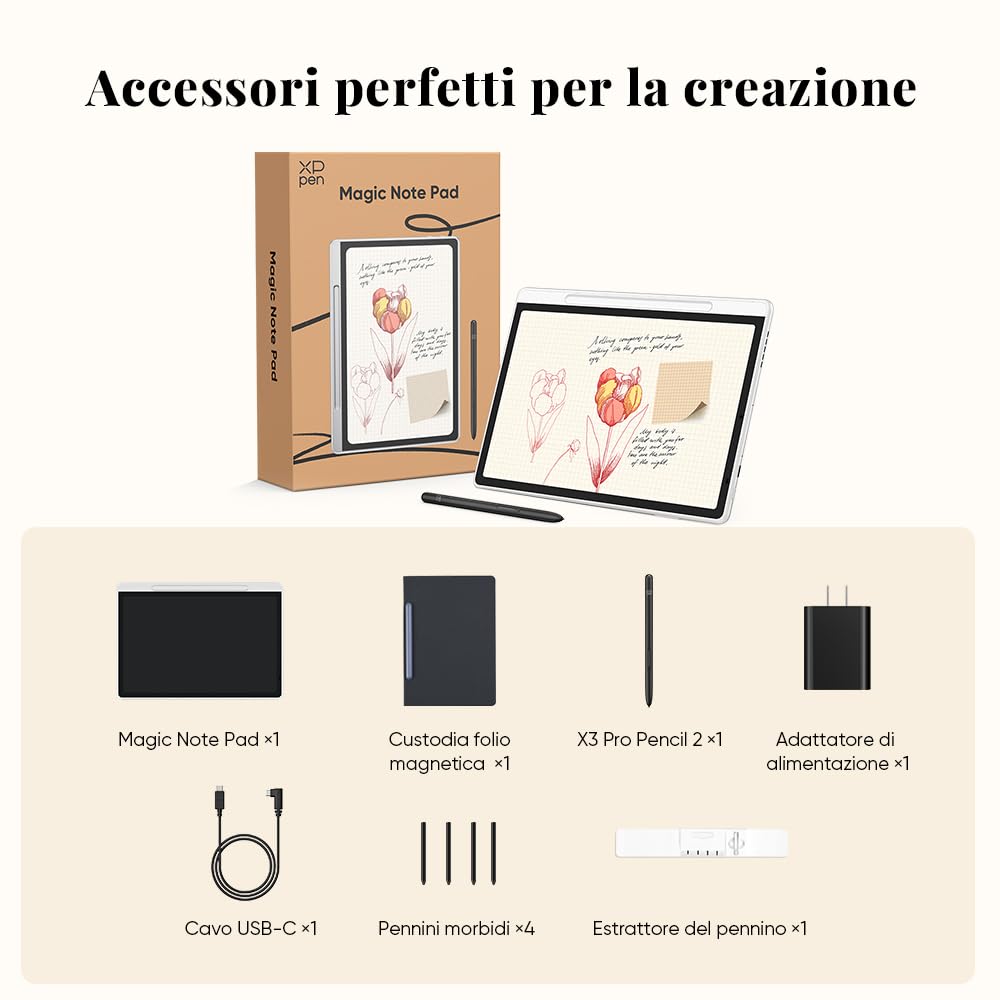 XPPen Magic Note Pad, paper tablet a colori da 10,95 pollici, penna 16384 livelli, tre modalità di colore, risoluzione 1200 x 1920, capacità batteria 8000 mAh, sistema operativo Android