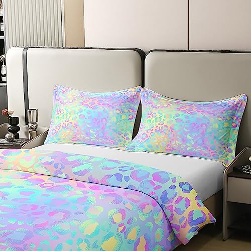 Leopard 100% Cotton Duvet Cover Cheetah Print Rainbow Bedding 100% Cotton Set Modern Leopard Design Colorful for Kids Room Decor Lightweight Quilt Cover with 1 Pillowcases 2Pcs Bedding Single Zipper - Image 4