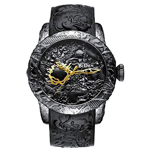 Reloj para Hombre de Cuarzo 3D grabó los Relojes de Cuarzo del dragón Reloj Impermeable Ocasional de la Esfera Grande de la Moda (Negro)
