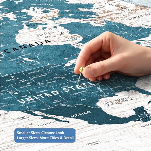 Image of IPIC - Large Personalized World Map Canvas Wall Art, Push Pin Travel Map with Custom Names to Track Your Travels, Vintage Teal Framed Wall Decor for Home, Office or RV, Made in USA