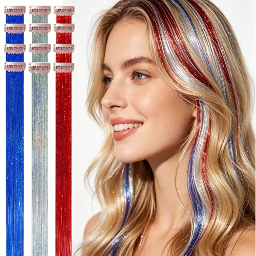 Celinebella Red Silver Blue Mix Clip in Hair Tinsel 12Pcs Heat Resistant Sporty Hair Extensions for Women Teens Soccer Game Sports Competition Accessories 4th of July
