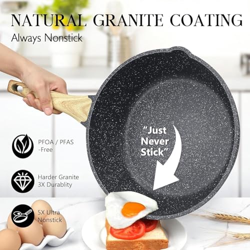 Image of Niyam Nonstick Frying Pan Skillet, Granite Cooking Pan, Healthy and Non Toxic, Ergonomic Handles, Suitable for All Stove, PFOA Free (Black, 24)