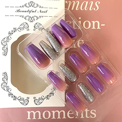 Coffin Press On Nails Medium, Purple Glue On Nails Fake Nails Square False Nails With Silver Sequins Designs Ombre Press On Nails Press Ons Artificial Nails For Women Girls 24Pcs #TOP3