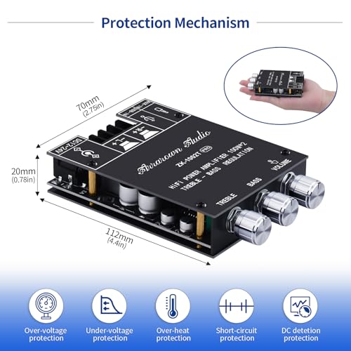 Image of ZK-1002T RPO 2.0 Channel Bluetooth 5.0 Amplifier Board 200W HiFi Subwoofer Audio AMP with Treble and Bass, BT USB and AUX Inputs, DC 12-24V 2.0 Channel Stereo AMP Module for DIY Speakers