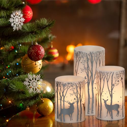 Image of Eldnacele Christmas Flickering Flameless Candles with 6 Hour Timer, Silver Deer Decal Battery Operated Real Wax LED Pillar Candles Home Tabletop Holiday Decor(3Pcs,3x4 /5 /6 Inches)