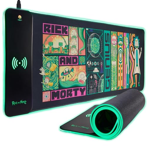 Rick & Morty XL RGB Gaming Mat with 15W Wireless Charger - Customizable LED, Anti-Slip, Spill-Resistant