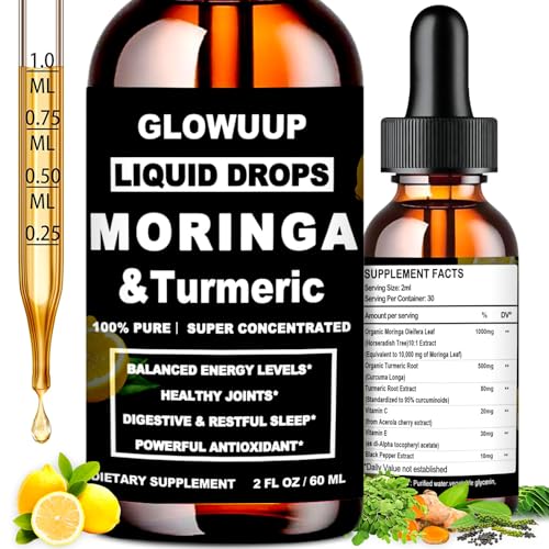 Organic Moringa Liquid Drops Pure Moringa Leaves w. Turmeric Black Pepper Vitamin C E - Antioxidant Joint Digestive & Immune for Men & Women 6X Absorption Than Capsules Powder Gummies or Pills