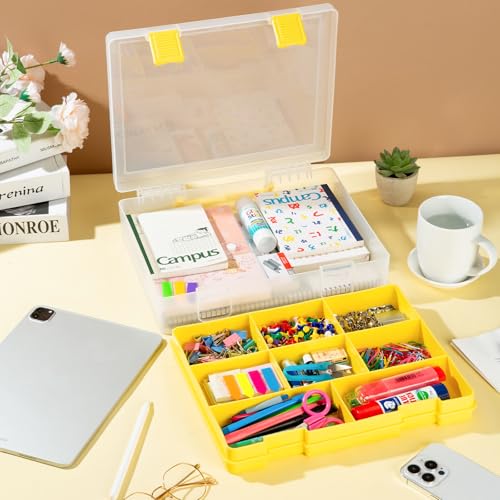 Image of OffiXymeric Plastic Storage Bin with Clear Lid and Removable Tray, Perfect for Craft Supplies, Art Tools,Beads, Stackable Organizer with Portable Handle, Durable Design for Home or Office Use（Yellow）