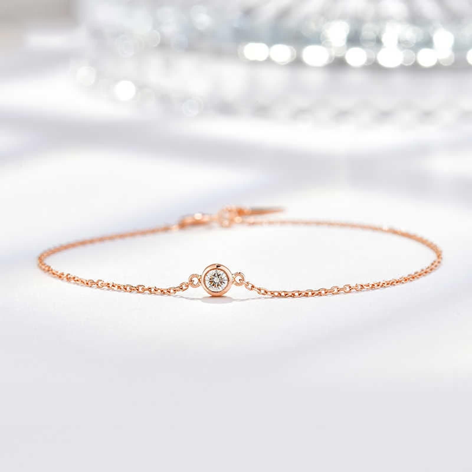 Pulsera de oro rosa, pulseras de joyería para mujer, diamantes blancos de 0,08 quilates, cadena redonda