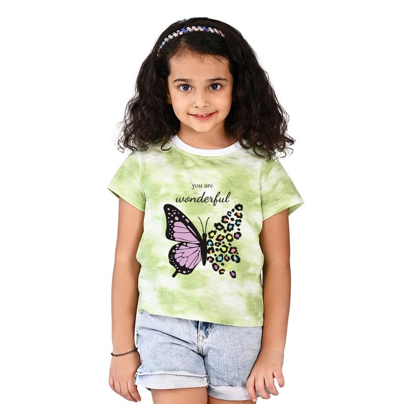 Image of Nusyl Sky Blue Butterfly Printed Round Neck Half Sleeve Tie & Dye Tshirt|Printed Top| Half Sleeves T-Shirt with Ribbed Neck| Regular Fit | Soft Fabric