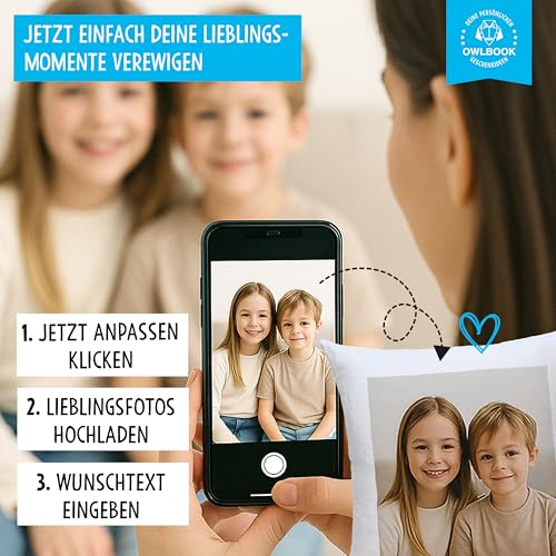 OWLBOOK® Personalisiertes Kissen mit Foto Bedrucken Lassen - Fotokissen mit 8 Fotos & Text selbst gestalten - Foto Kissen 40 x 40 cm weiß, optional mit Füllung