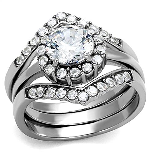Vip Jewelry Co 2.25 Ct Round Cut CZ Silver Stainless Steel Engagement & Wedding Ring Set Women's Size 5-10 (6)