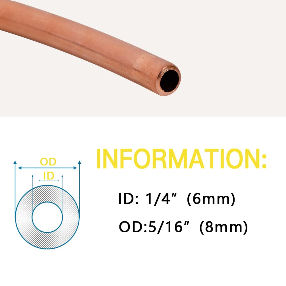 Reines Kupferrohr, 5/16 Zoll OD × 0,6 cm ID × 1,2 m Länge, Kühlschlauch, weiche Spule, 110 Kupferrohr, nahtlos, runder Rohr für Schmuck und Industrie