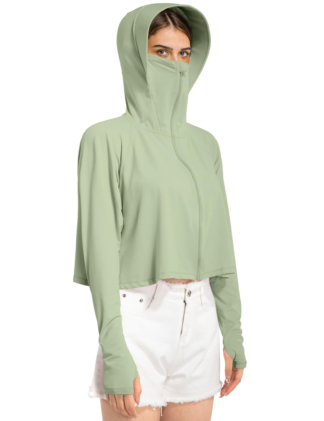 Locachy Womens UPF 50+ Sun Protection Jacket Lightweight Zip up Outdoor Running Hiking Hoodie with Face Mask Grey Green M