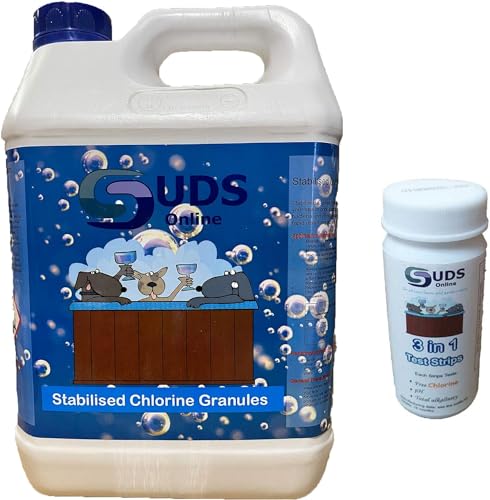 SUDS-ONLINE Quality Chlorine Granules 5kg Hot Tub Spa Swimming Pool + Chlorine Testing Strips