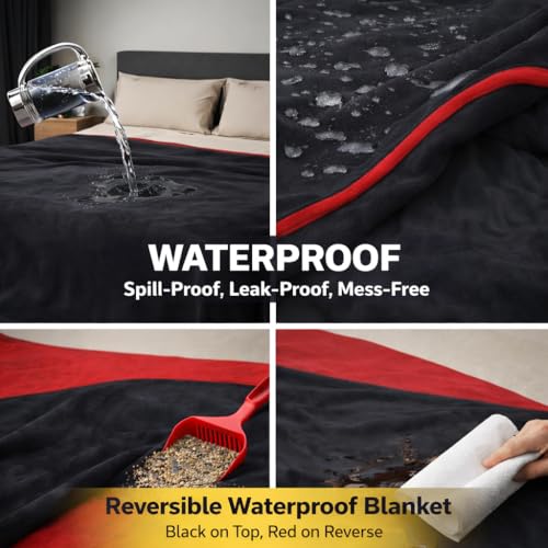 Image of King Size Waterproof Blanket - Spill-Proof, Water-Resistant Flannel Blanket for Bed, Couch, Kids & Pets Protection, Reversible Cozy Design (Passion Red & Midnight Black, 90x108)