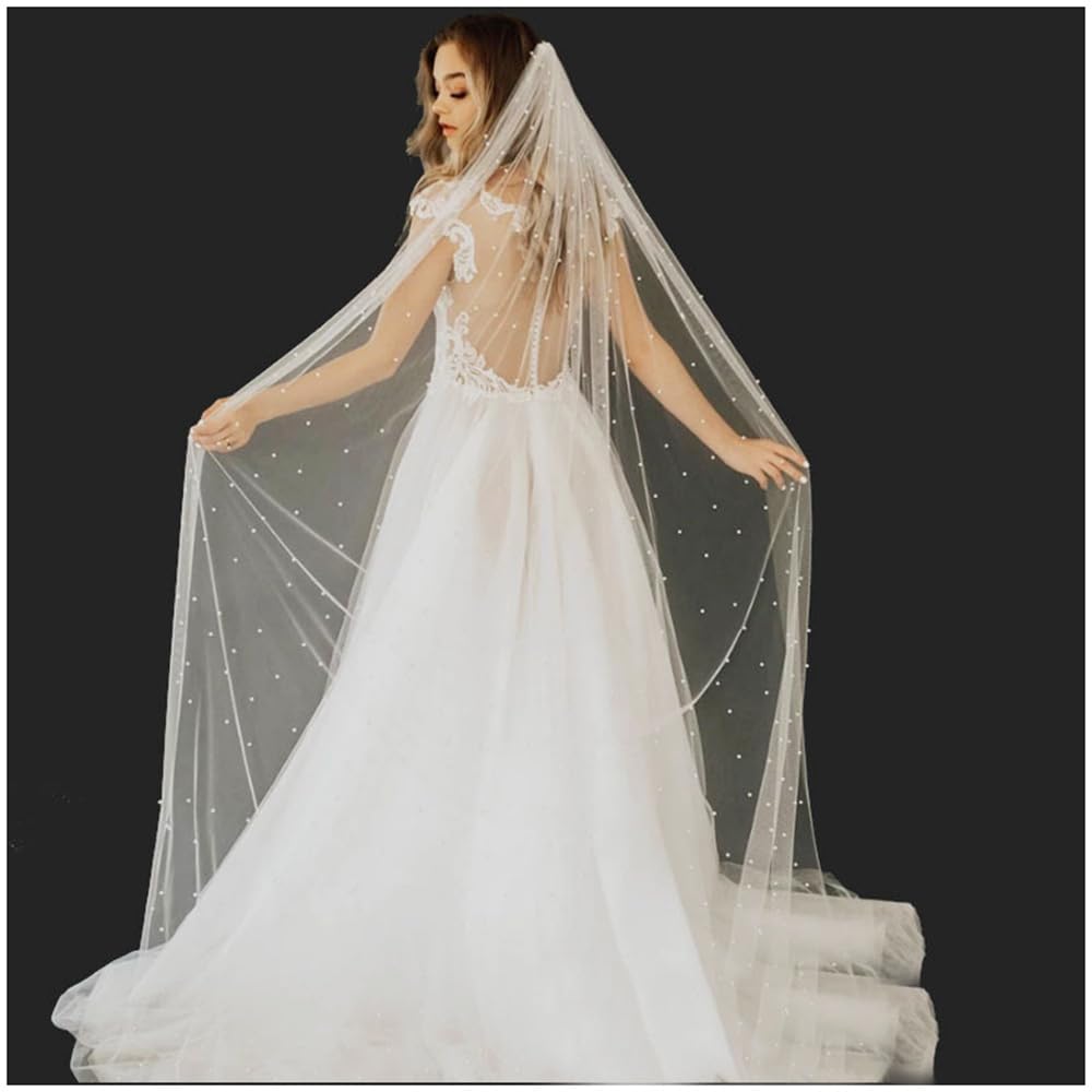Voile de mariée avec perles blanc/ivoire - Voile de mariage - 1 couche de tulle souple - Avec peigne en métal - Élégent - Église - Long voile de perles - Accessoire de cheveux pour femme -