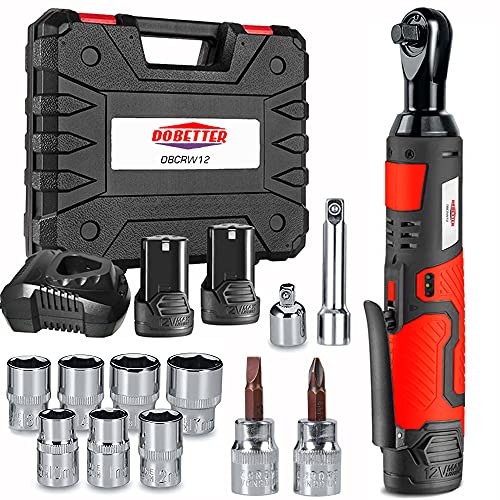 Cordless Ratchet Wrench 3/8 Electric Ratchet Wrench Set, Dobetter 55 NÂ·m Power Ratchet Tool with (2) 2 Ah Lithium Batteries, 7 Sockets, 2 Screwdrivers, 1 Extender, 1/4 Adapter, Quick Charger -DBCRW12