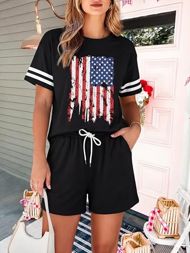 Image of VILOVE 4th of July 2 Piece Sequin Outfits Women 250 Anniversary Usa Shirts and Short Sets Casual Patriotic Shirt Summer Set