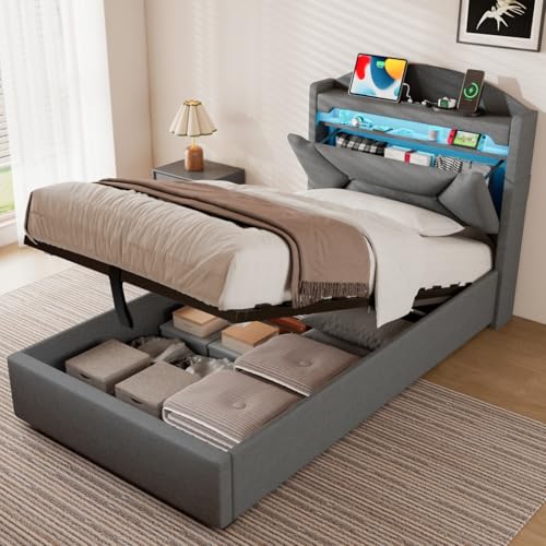 ZUUYEE Polsterbett Einzelbett 90x200 cm mit LED, USB C, Hydraulische Bett Kinderbett mit Stauraum und Kopfteil, Bettgestell mit Metallrahmen...