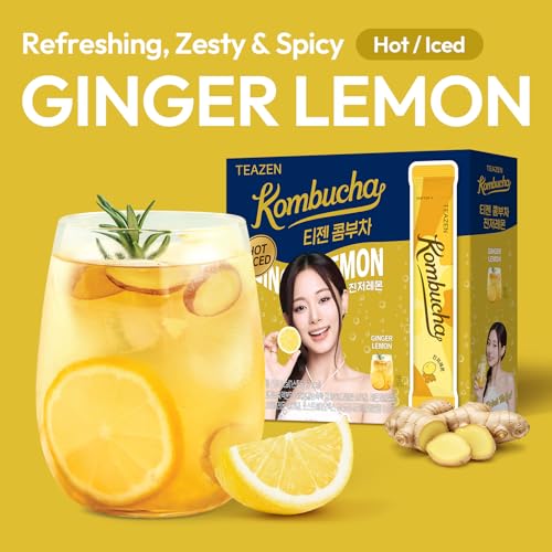 Image of TEAZEN Lemon Ginger Hot Kombucha Tea, Live Probiotics & Postbiotics, Relaxation and Warmth for Colds and Sore Throat, Hydration Drink Mix, Sugar Free, 30 Sticks, 5.29oz
