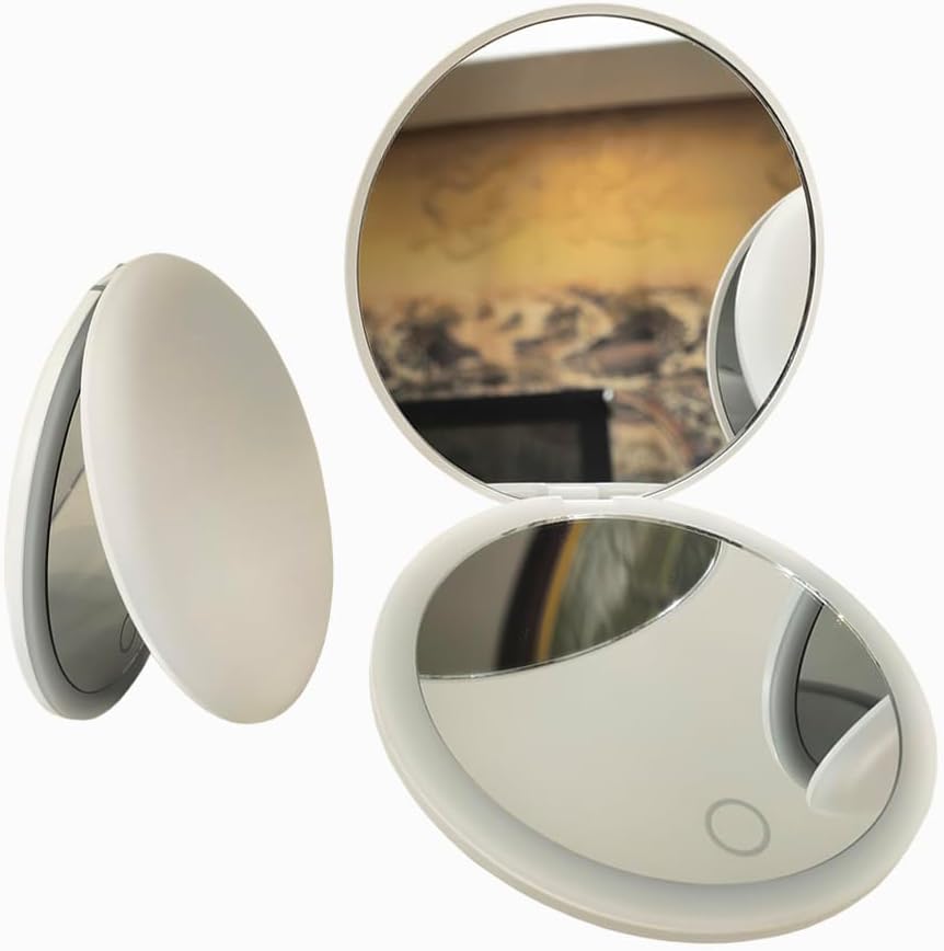LED Mini Makeup Mirror, 1X/2X Magnification, Mini Compact with Light, Pink/White (White, 3.5)