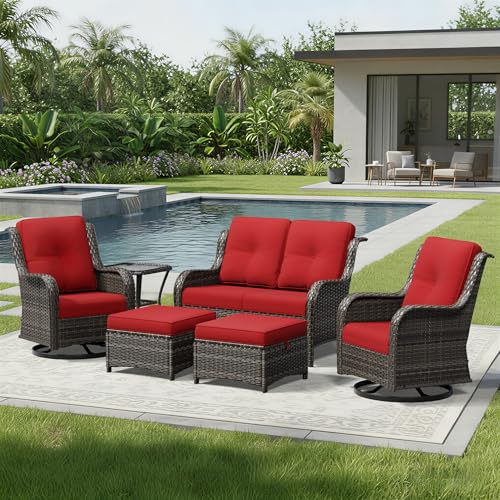 Image of Joyside 6 Piece Wicker Patio Furniture Set, Outdoor Swivel Rocker Patio Chairs with High Back, Deep Seating, Wide Armrest, Thickened Cushions, Outdoor Furniture for Deck, Porch Use