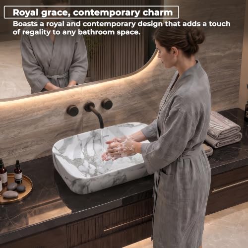 Image of Plantex Ceramic Tabletop Washbasin for Bathroom /Designer Counter Top Hand Wash Basin /Rectangle Bathroom Sink for Home /Office (21.5x14x5 Inch -Marble Finish)