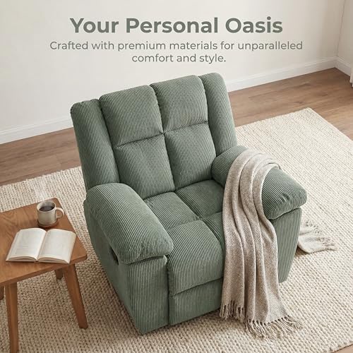 Image of Oversized Corduroy Recliner Chair, Manual Lazy Boy Recliner with Home Theater Seating, Breathable Living Room Reclining Chair for Adults Reading, Gaming, Relax, Green