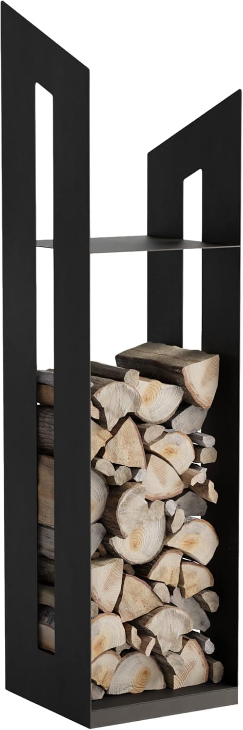 Legnaia da Esterno in Metallo LOFT - Scaffale per Legna da Camino 122x30 cm - Struttura in Metallo Nero Opaco - Design Industriale per Interni ed Esterni
